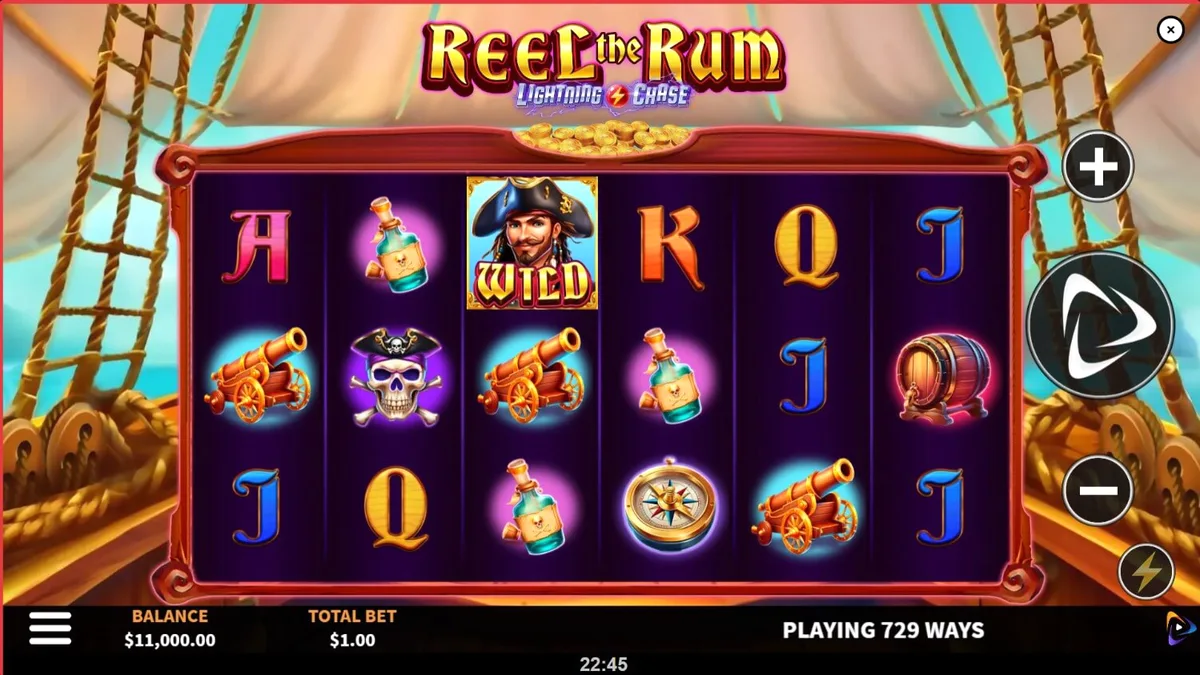Interface do jogo de slot Reel the Rum com tema de piratas e tesouros