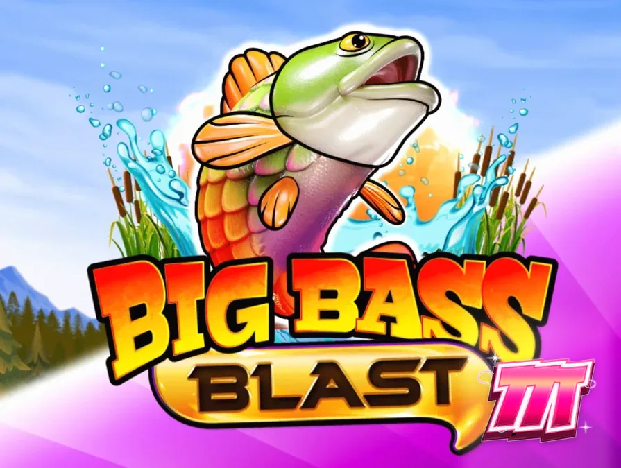Interface do slot Big Bass Blast com elementos de pesca e neon