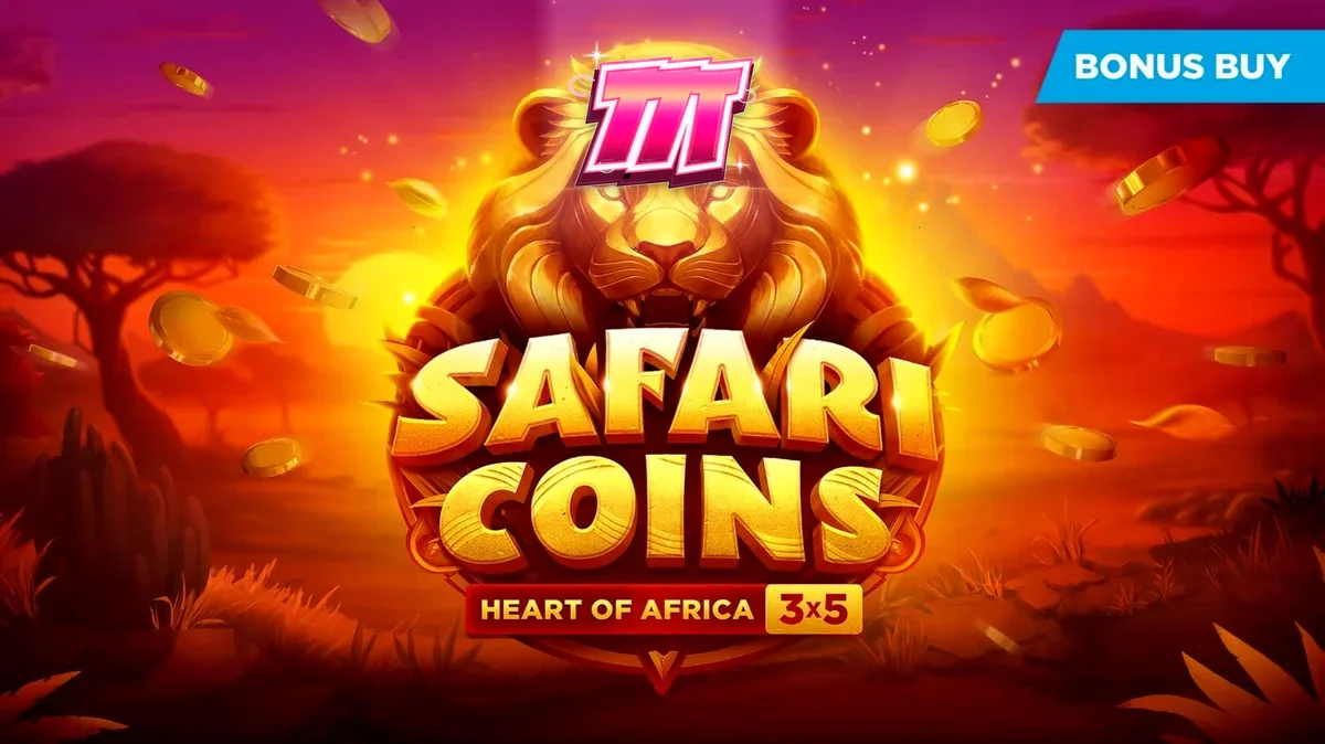 Cenário da savana africana com elementos temáticos do slot Safari Coins